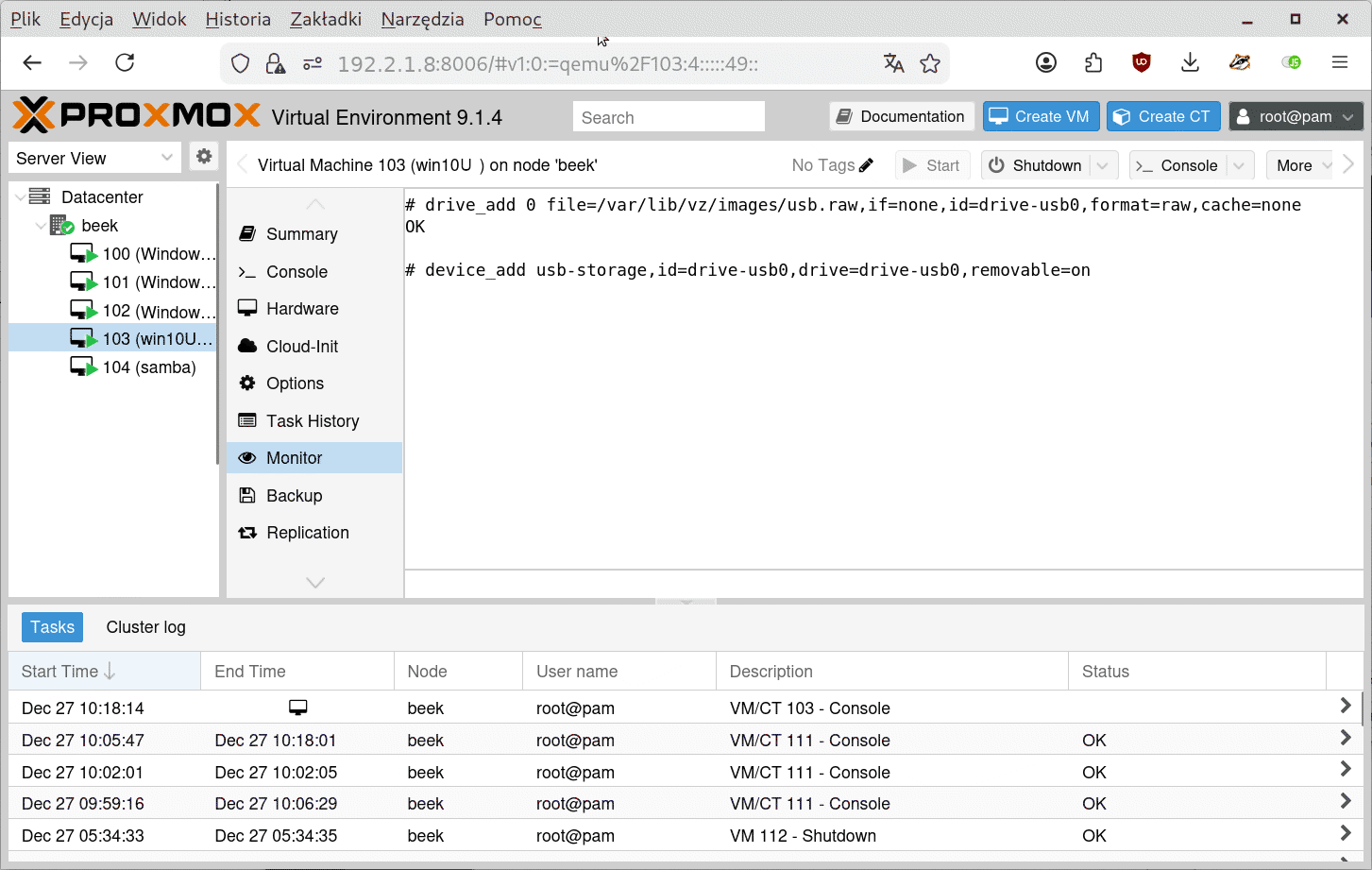 Proxmox GUI: wygląd ekranu podczas wywawaia poleceń zawartych w tym artykue.